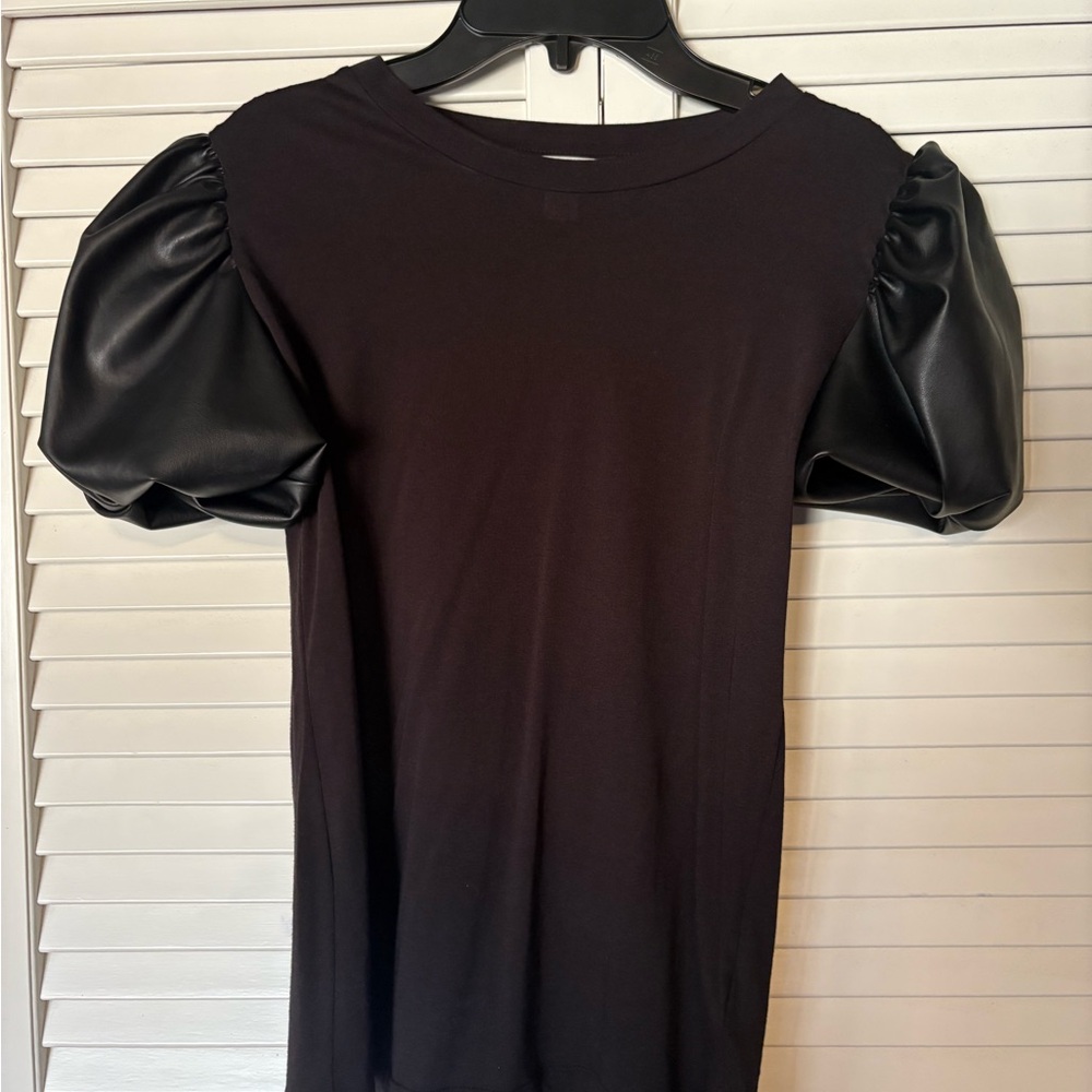 Black Top with Faux Leather Puff Sleeves